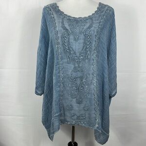 Umgee USA Boho Embroidered Dolman Sleeve Oversized Tunic Top - Blue Size S
